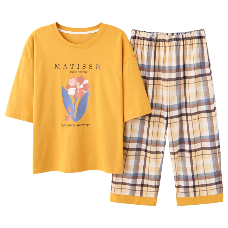 

Cotton Summer Plus Size M-5XL Women Homewear Plaid Calf-Length Pants Sleepwear Korean Kawaii Floral Yellow Short Sleeve Pajamas