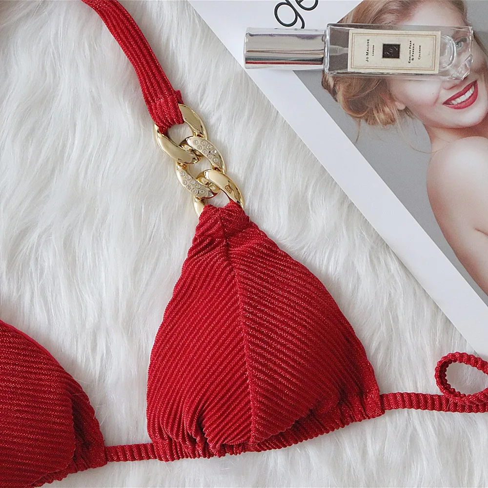 Соблазнительные Стразы бикини с лямкой на шее однотонные красные пуш-ап