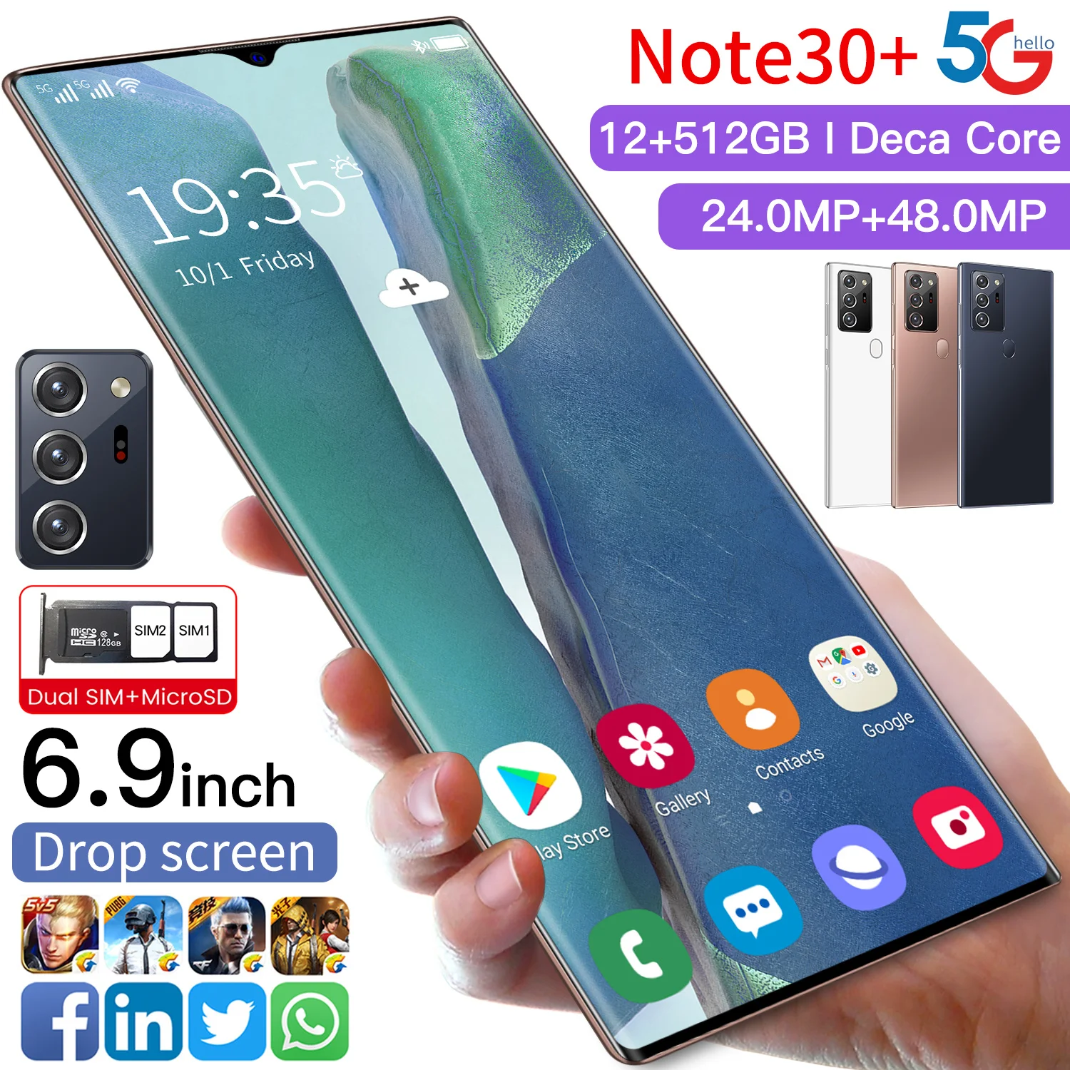 

2021 Newest 6.9" Galax Note30+ Mobile Phone Snapdragon 865 Android 10.0 12GB+512GB 6000mAh Fingerprint Unlock Smart Cellphone
