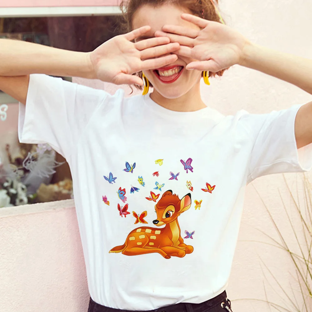 

Новая женская футболка Kawaii Олень Бэмби, футболка с принтом в стиле Харадзюку, белая подходящая летняя футболка, топы для девочек, одежда