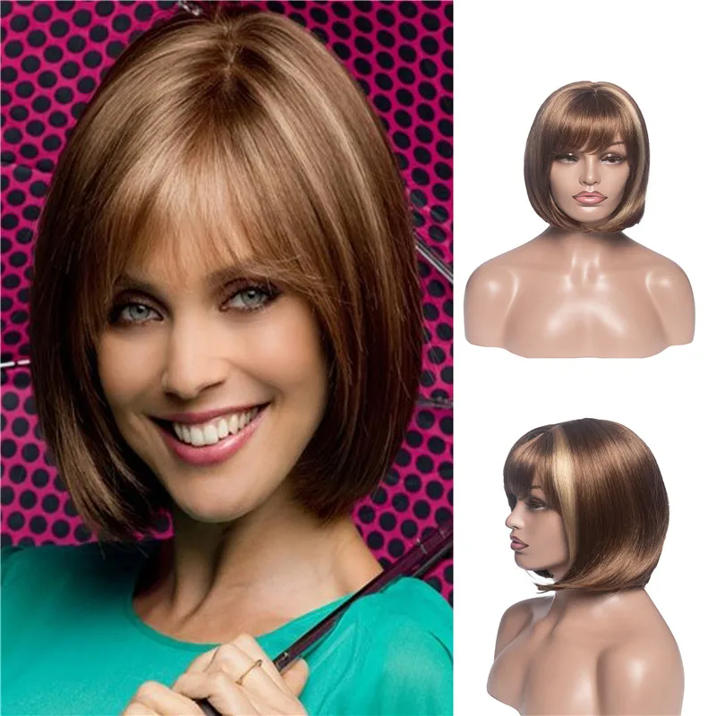 

Short Omber Brown Bob Straight Wig Synthetic Wig With Neat Bang For Women Heat Resistant Fiber Wig For Daily Party Use