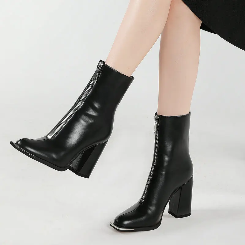 

2021 New Autumn Zipper Ankle Boots Fashion Square Toe PU Leather Short Boots Female Thick High Heel Winter Shoes Black Beige