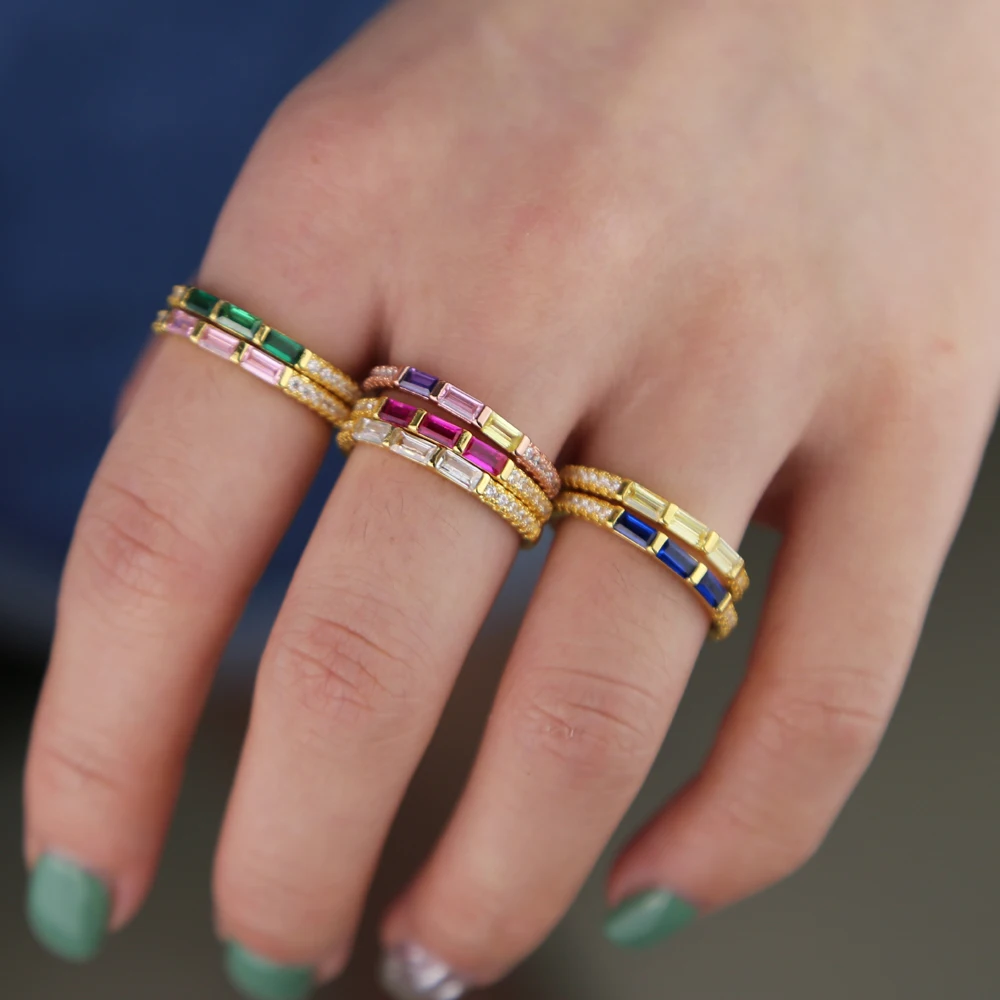 Простой класс три камня 3 шт Багет cz камень рождения красочные кубического