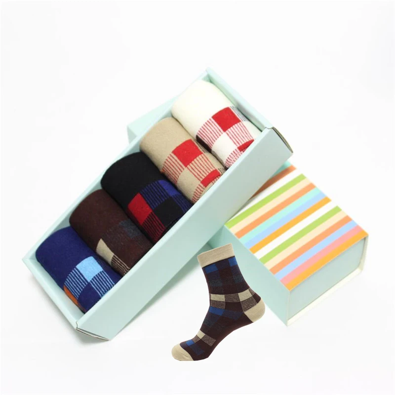 

High Quality Men Cotton Socks Gift Box 5 Pairs/Set Man's Colorful Lattice Warm Color Puzzle Happy Socks