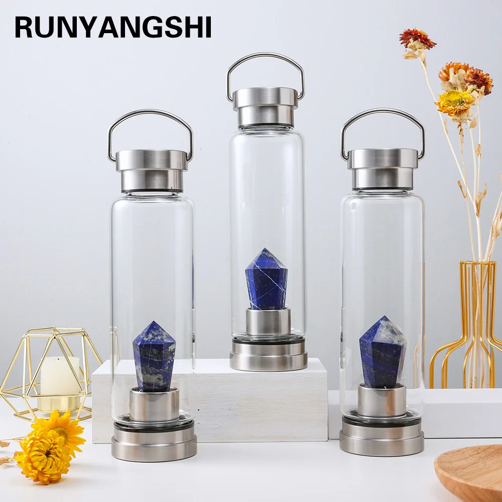 

Portable Natural Gemstones Healing Crystal Tower Glass Water Bottle Energy Obelisk Wand Elixir Quartz Cup Home Drinkware Gift