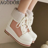 agodor lolita wedge lace platform shoes for women platform lace up ankle boots white fold over boots cute vintage boots sweet