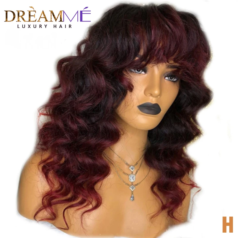 

Ombre Human Hair Deep Wave Wig With Bangs 1B/99J Burgundy Red 13X6 Lace Front Closure Wig PrePlucked With Baby Hair 150% Density