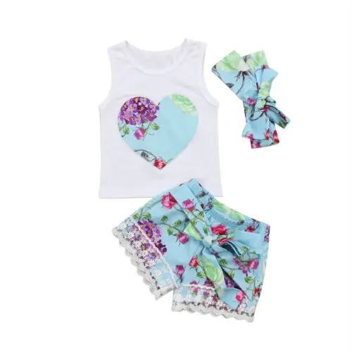 Комплект летней одежды для девочек майка с цветочным принтом + кружевные шорты |