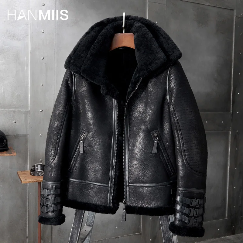 

Кожаная куртка HANMIIS-B3 из овчины, мужские кожаные меховые куртки, куртка-бомбер, Мужская одежда, мотоциклетная куртка, зимние мужские, военные