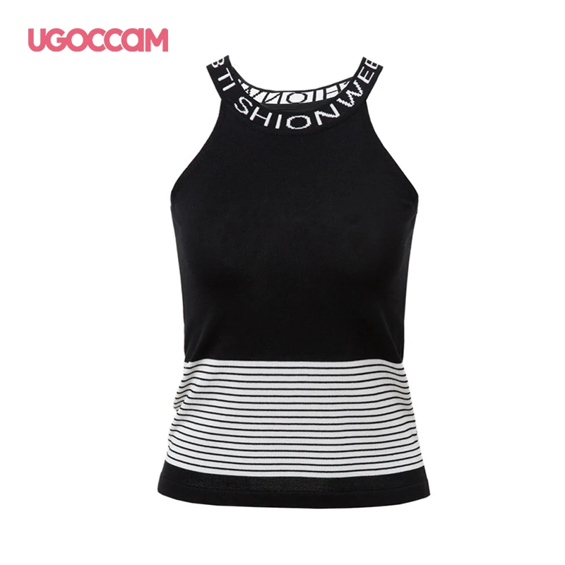 

UGOCCAM черные топы с бретельками и плотные Трикотажные сексуальные тянущиеся повседневные кроп-топы с О-образным вырезом без рукавов коротко...