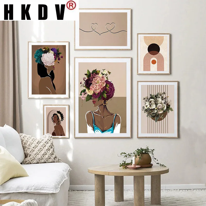 

HKDV Abstract Geometry Wreath Women Flower Cartoon Canvas Painting Wall Art Print Poster Picture Modern Living Room Home Decor