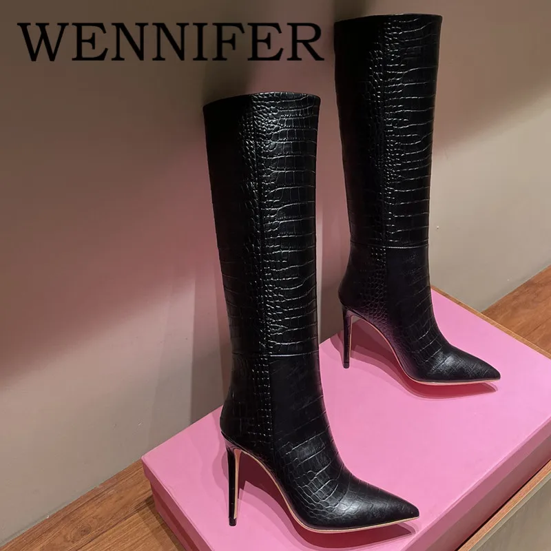 

2021 Crocodile Leather Embossed Knee-Length Boot Pointy Toe Slip On Thin High Heel Shoes Women Winter Fashion Runway Botas Mujer