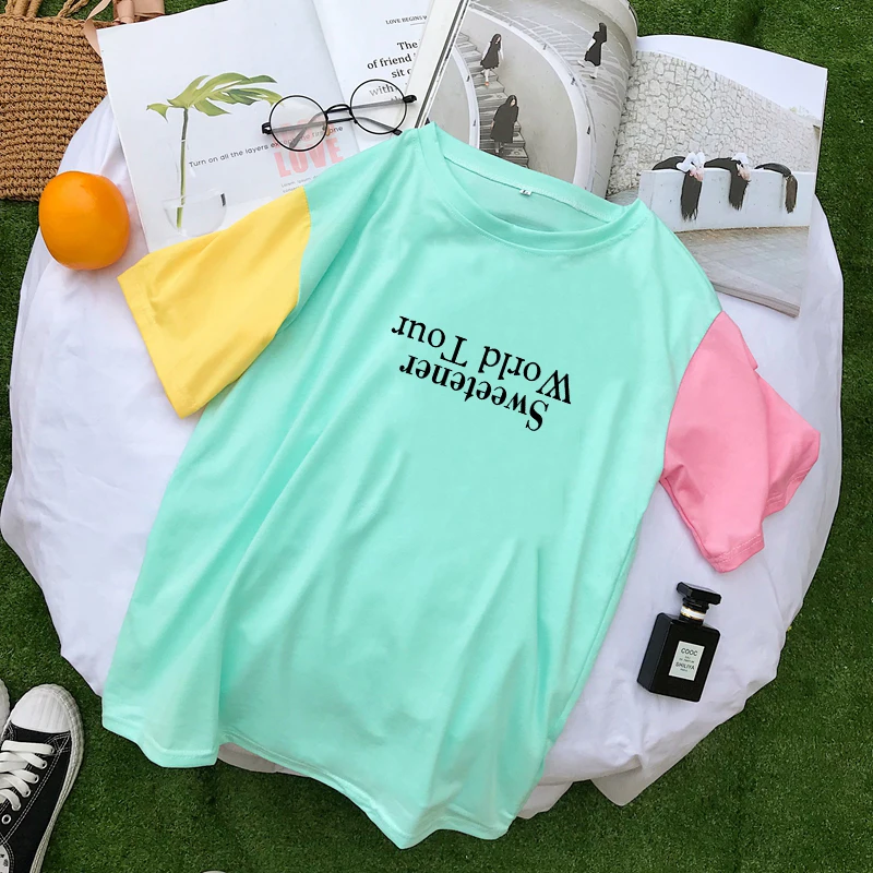 

Cotton T Shirt Women Summer New Short Sleeve Spell Color Splicing Sweetener World Tour Letter Printed Harajuku Funny Casual Tops