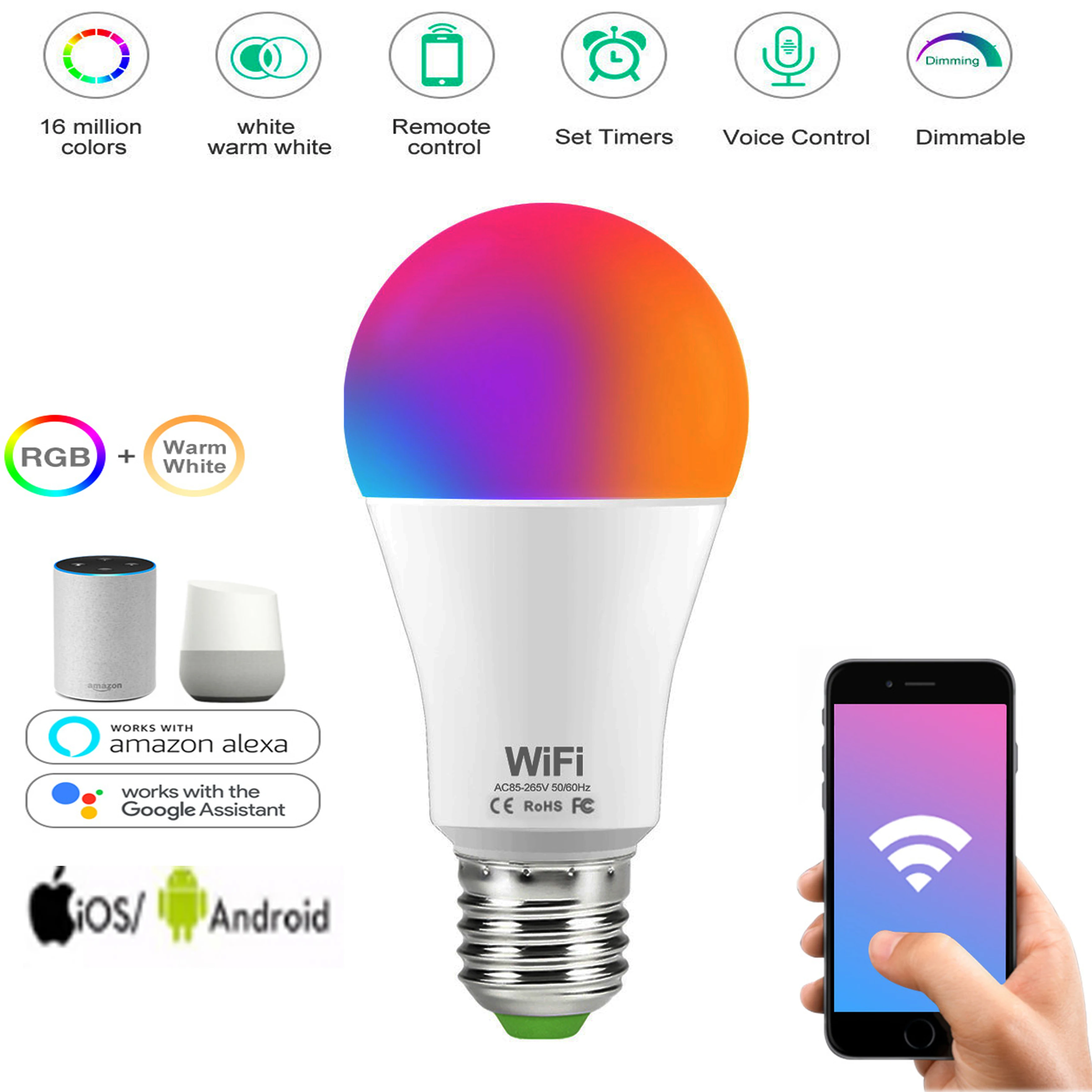 

Smart Light Bulb 15W WIFI RGB lamp E27 B22 Work with Alexa/Google Home 110V 220V RGB+White Dimmable Timer Function Magic lampada