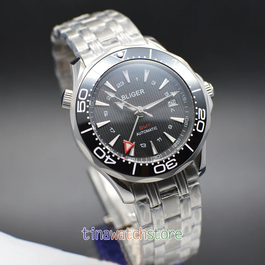 Мужские часы с автоматическим циферблатом Bliger 41 мм GMT вращающаяся Дата черный