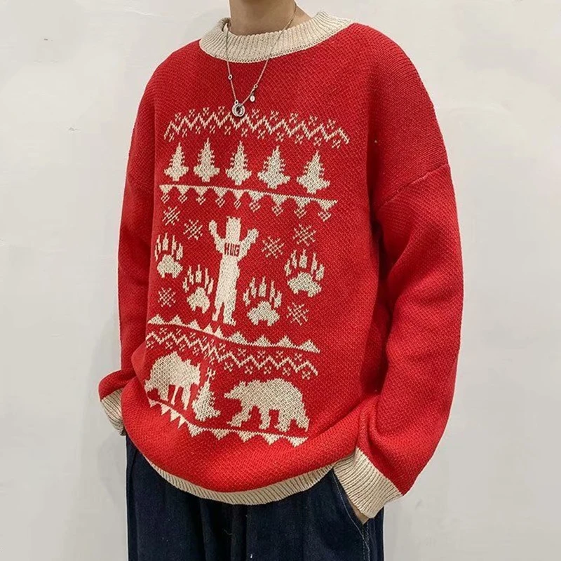 

Winter Men's Sweater Pullover 2021 New Christmas Sweater Round Neck Red New Year Loose Retro Leisure Harajuku Couple Clothing