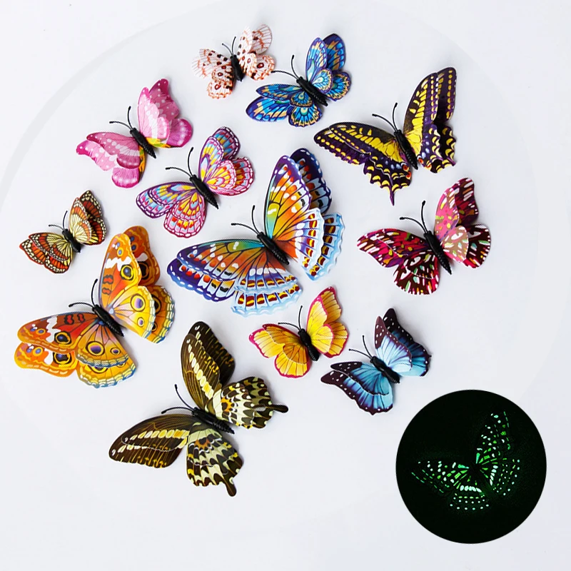 

12PCS/Set of luminous double layer magnetic butterfly party decoration household refrigerator simulation butterfly wall sticker