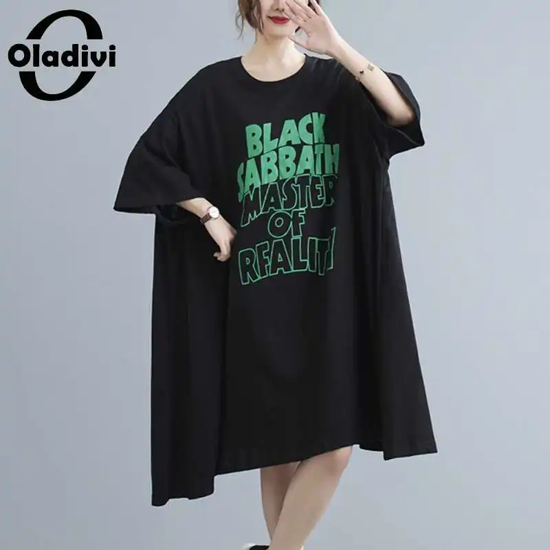 

Oladivi Oversized Clothing for Women Fashion Letter Print Comfortable Cotton Dress Ladies Casual Loose Shirt Dresses Robe Femme