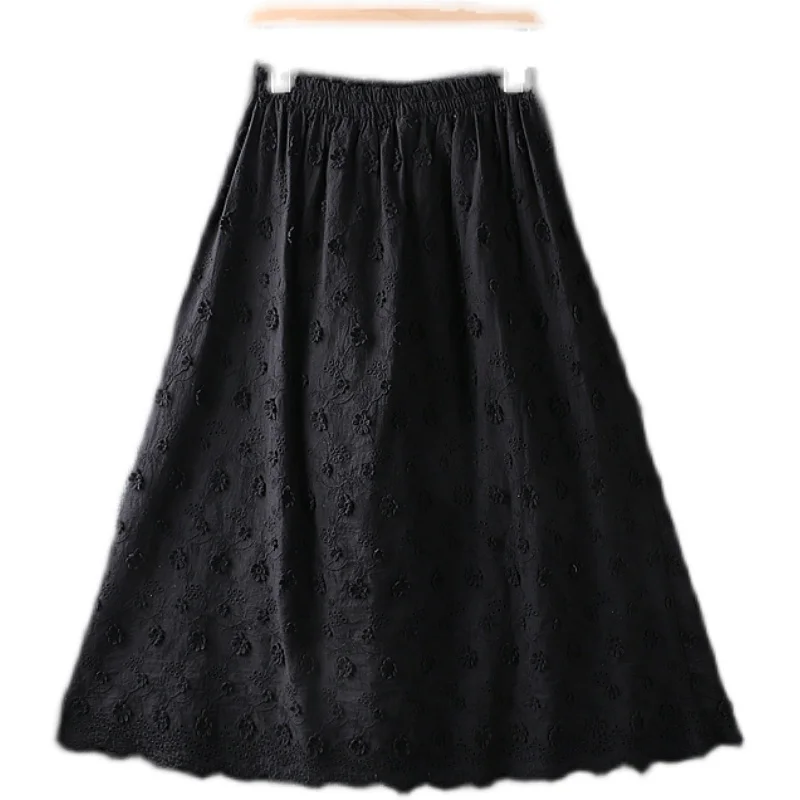 

Spring New Women'S Art Small Fresh Elastic Waist Loose Skirt Three-Dimensional Flower Embroidery Cotton Linen Long Skirt