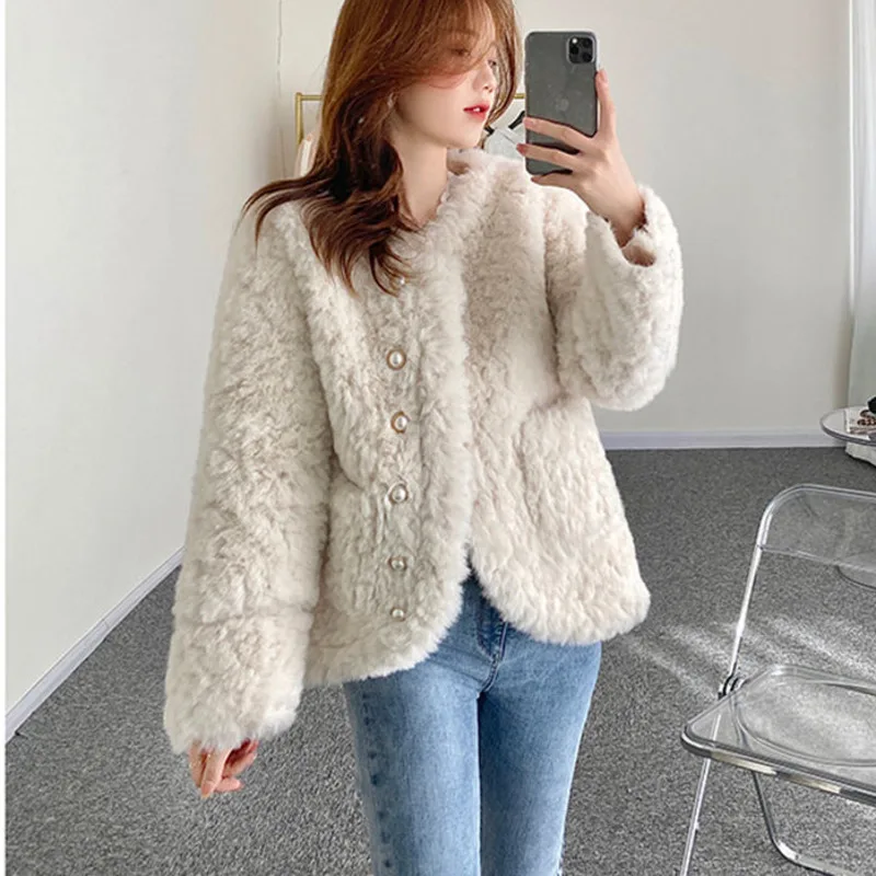 

2021 Women Furry Korean Teddy Streetwear Tunic Coat Women's Winter Fashion Rabbit Lamb Faux Fur Coats For Female Jacket Parka