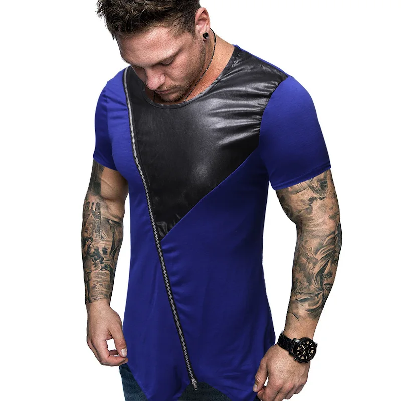 

T Shirt Men Pop Nice Summer Personality tailoring Patchwork Leather Zipper T-shirt Men Hiphop Short Sleeve Casual Top Tee Male