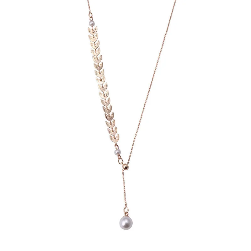 

LOVOACC Romantic Stretchable Simulation Pearls Pendant Necklace for Wowen Cute Asymmetric Chain Gold Leaves Choker Necklaces