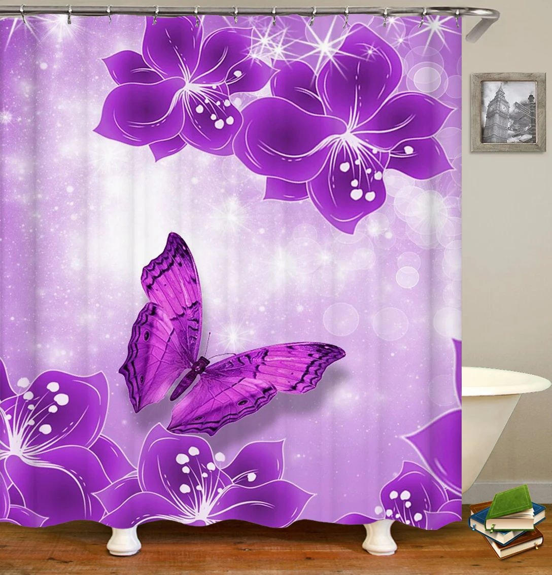 

Hot Sale 3d Purple Butterfly Flowers Shower Curtain Color Bathroom Curtain Waterproof Polyeste Fabric Bathtub Decor Dropshipping