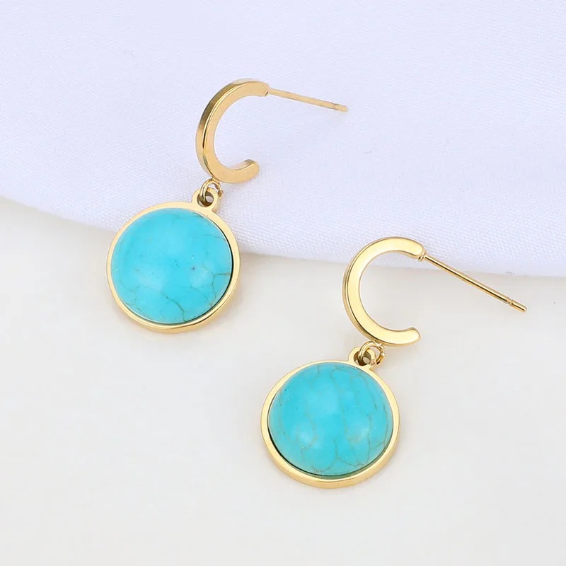 

european News Turquoise Stainless Steel Earrings Women's Round Fresh Color Stone Earrings Titanium Steel Ear Hook Jewelry