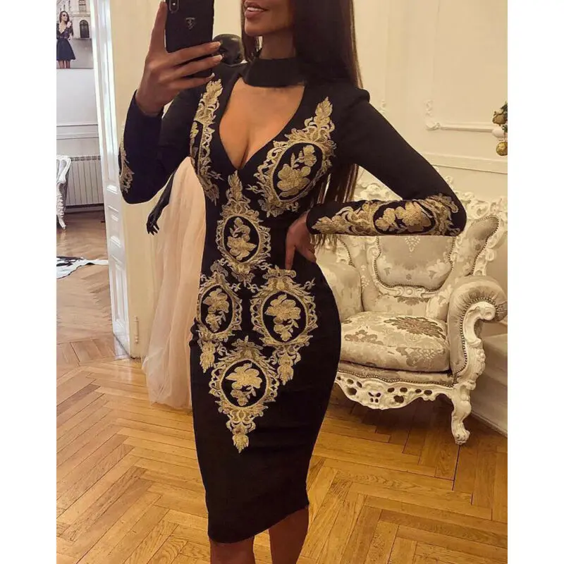 Модные женские туфли с длинным рукавом глубоким v-образным вырезом печати