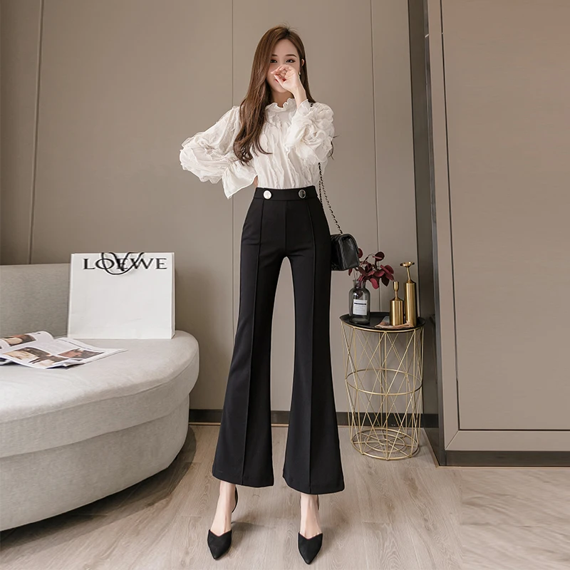 

Korean Women Summer Fashion High Waist Office Lady Ankle-length Pants Casual Solid Vintage Zipper Fly Elastic Force Flare Pants