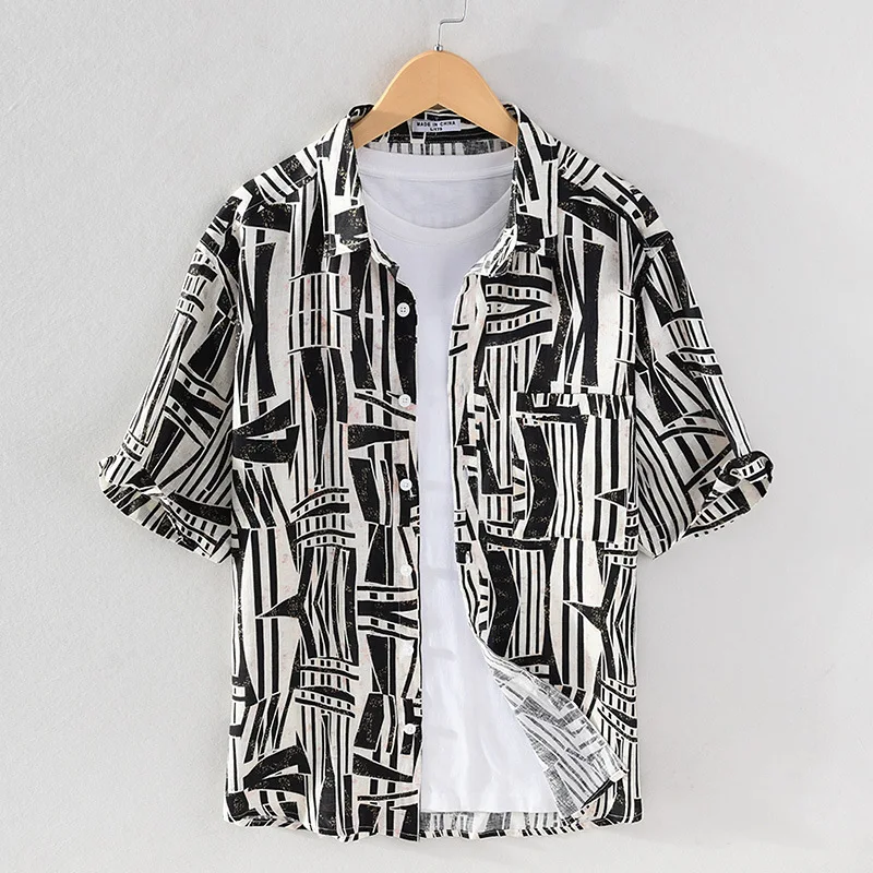 

1033 Men's Casual Linen Shirts Printing Dyeing Streetwear Holiday Youth Handsome Tops Short Sleeve Square Collar Pocket Blouses
