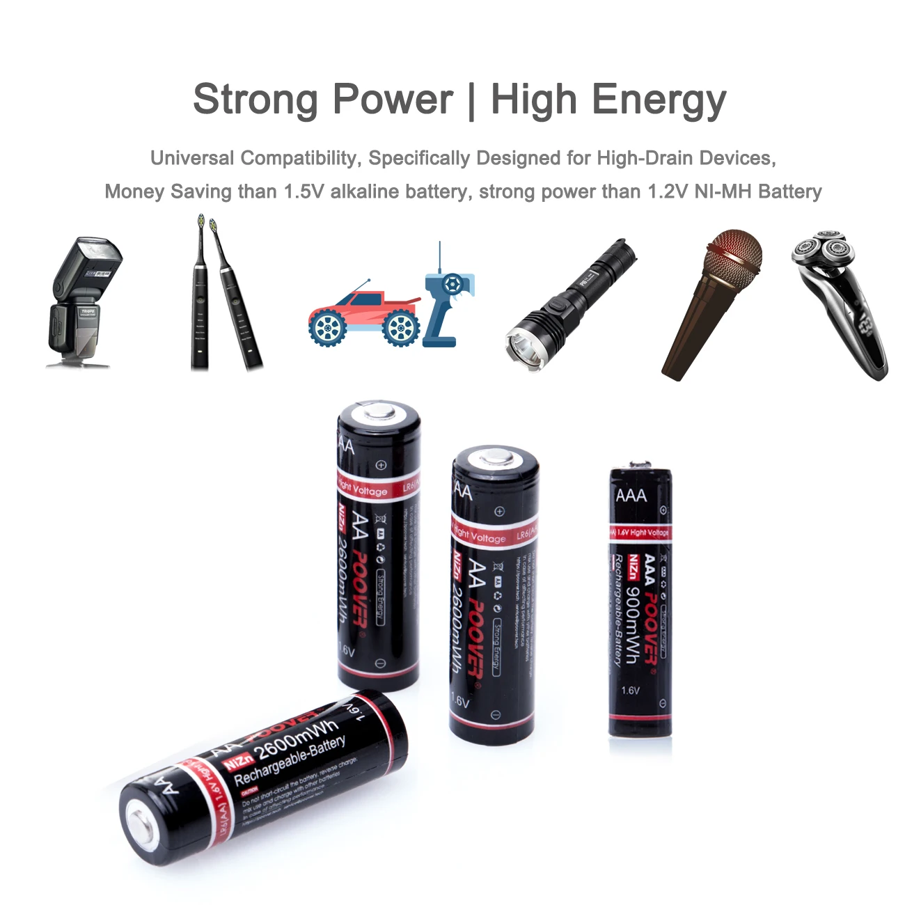 

Rechargeable Batteries AA AAA Nizn 2600 900mWh Industrial aa recharge battery 1.6v Long Last for Solar Light Camera Toy