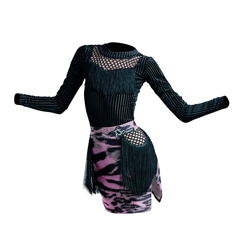 

Latin Dance Practice Clothes For Girls Children Latin Dance Velvet Tops Leopard Fringed Skirt Performance Dance Clothes DN6792