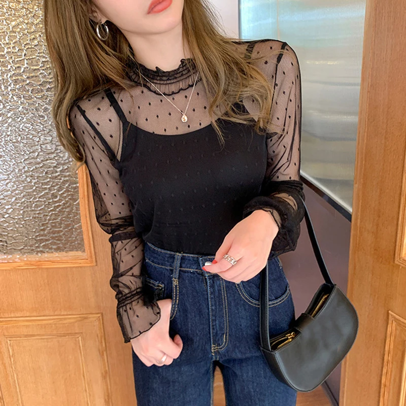 Женская кружевная сетчатая блузка с высоким воротником Прозрачная майка