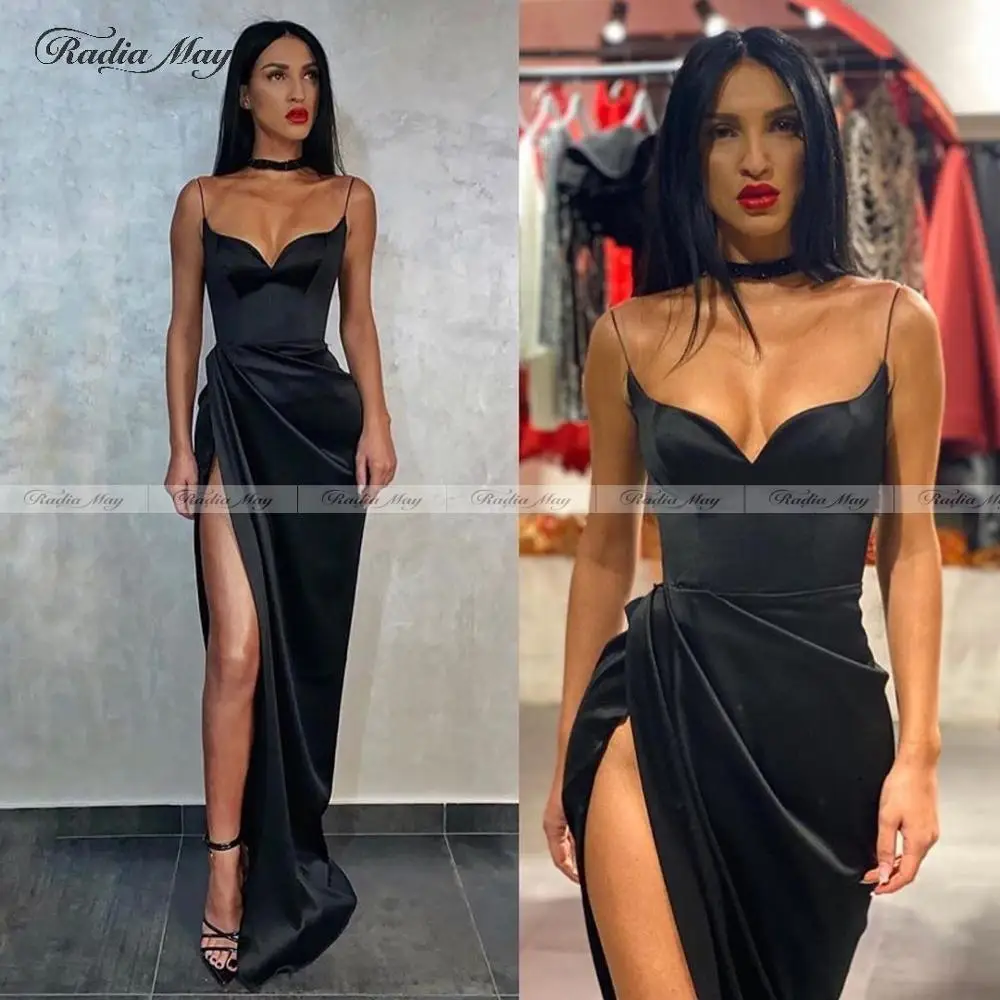 Женское платье Русалка на тонких бретельках Черное длинное вечернее с разрезом