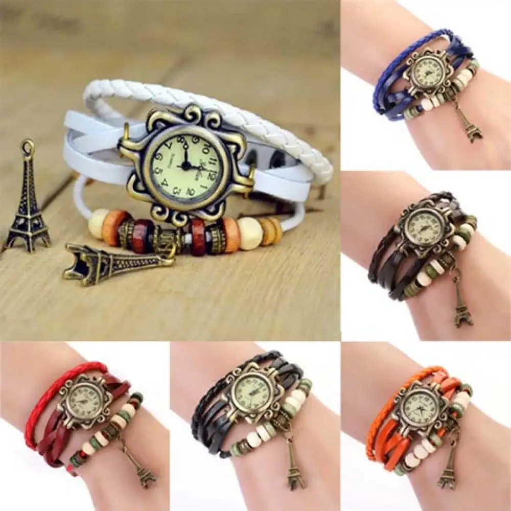 

50%HOT Women Vintage Eiffel Tower Multilayer Braided Faux Leather Bracelet Wrist Watch