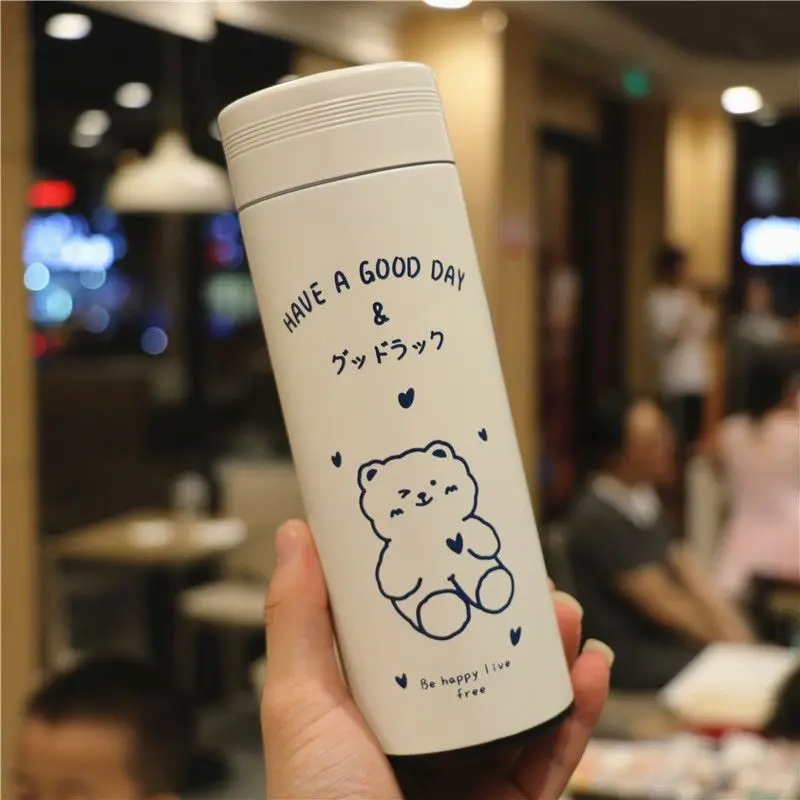 

Cute cartoon bear double layer vacuum 304 stainless steel thermos cup for female lovers straight cup with tea partition