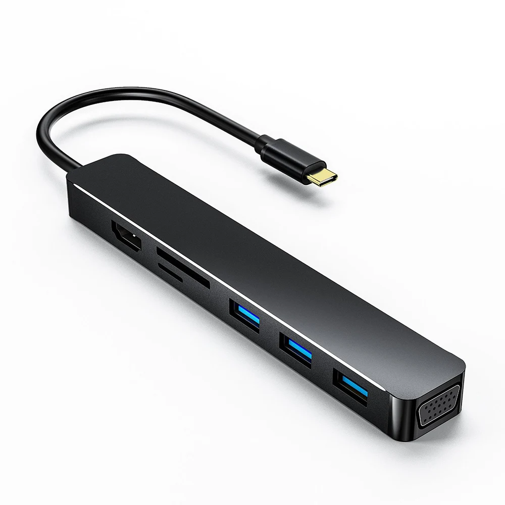 

7 in 1 Type C HUB USB C to VGA/HDMI-Compatible 3 USB 3.0 Ports SD//TF Card Reader USB C Adapter for MacBook