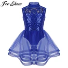 Детское платье FEESHOW для девочек, одежда для фигурок, катания на роликах, балетного танца, трико, платья, одежда, платье с блестками и вырезом на спине
