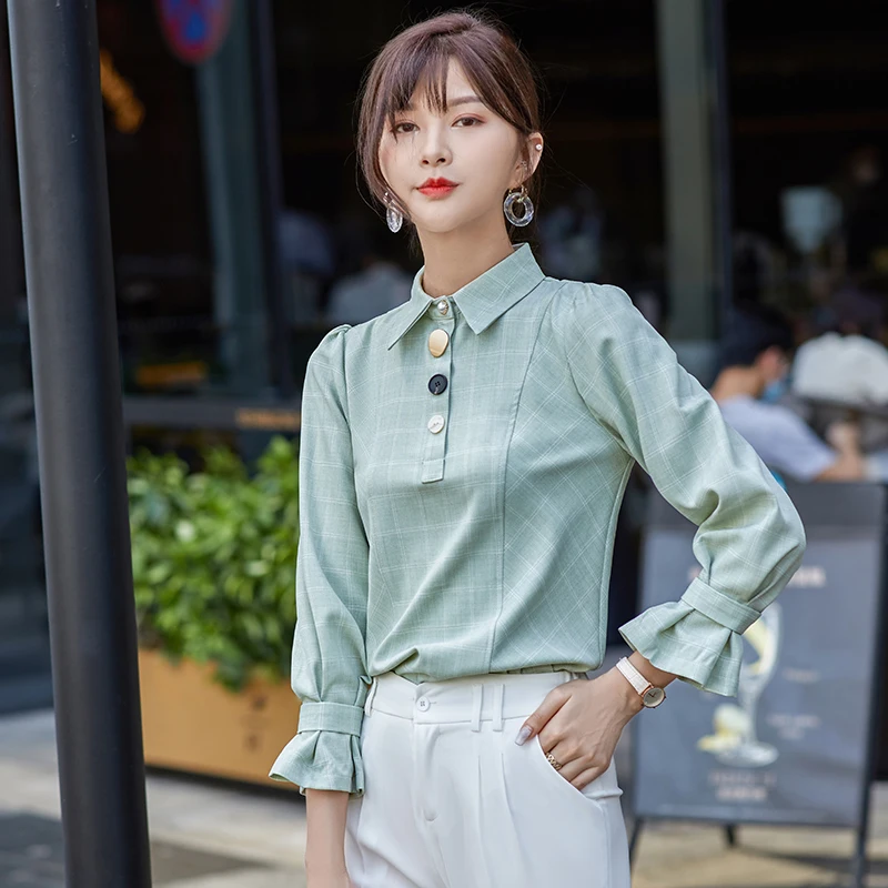 

Elegant Spring/Autumn Female Clothing Yellow Green Plaid Women Tops and Blouses Casual Office Ladies Shirts Plus Size S-4XL