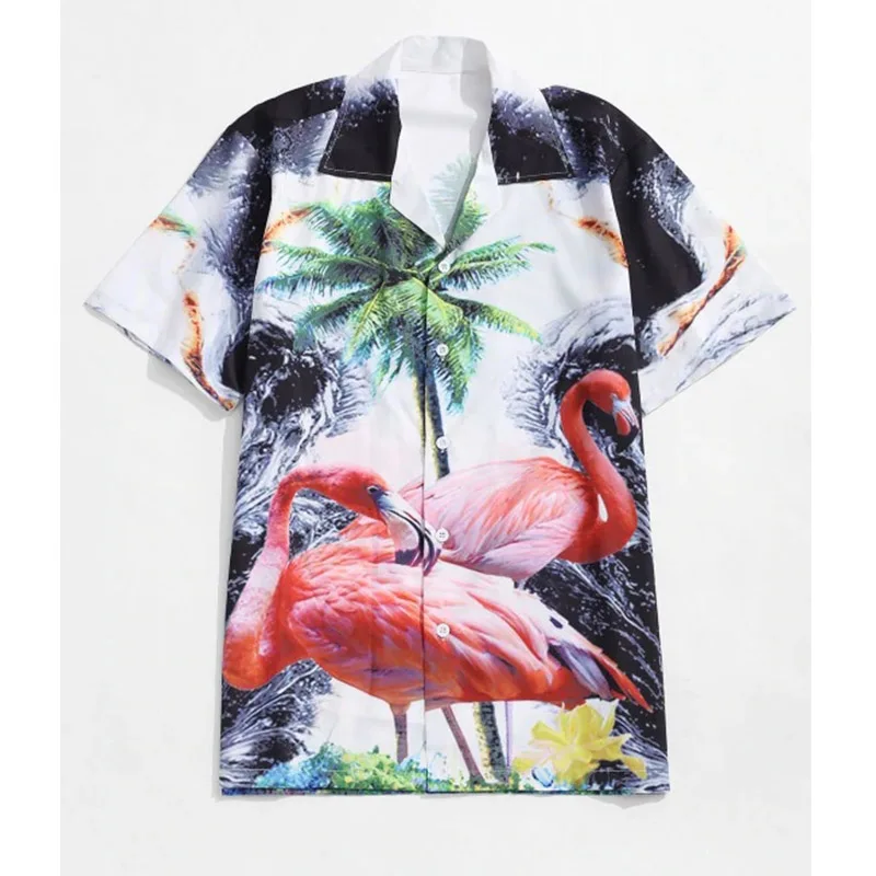 Мужская гавайская рубашка, лето, новинка, повседневная, приталенная, Camisa Masculina, фламинго/Плам, дерево, с принтом, короткий рукав, мужские пляжные рубашки