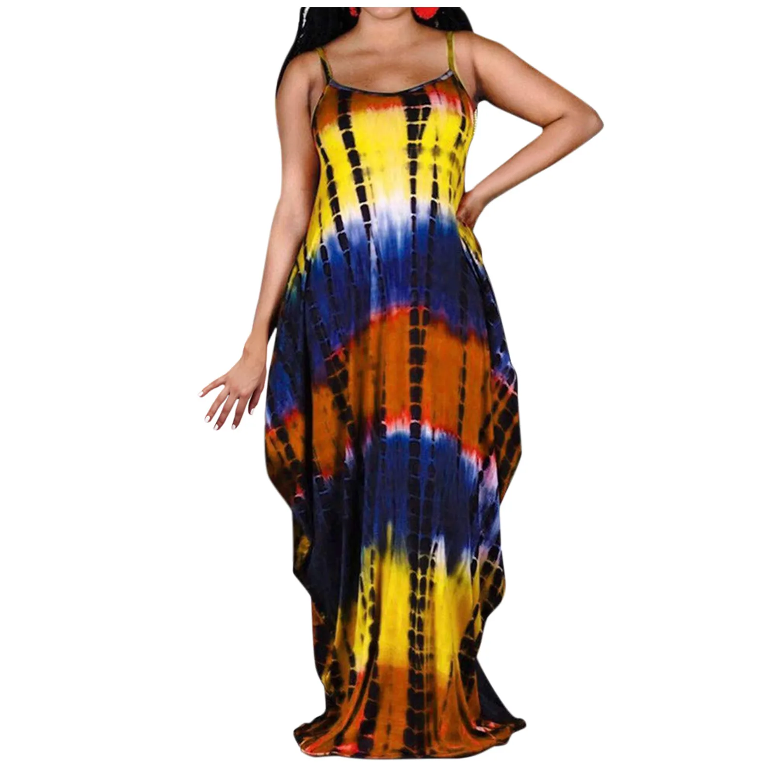 

Plus Size Dress For Women 2021 New Summer O-neck Tie-dyed Print Sleeveless Dress With Procket Woman Casual Long Dresses