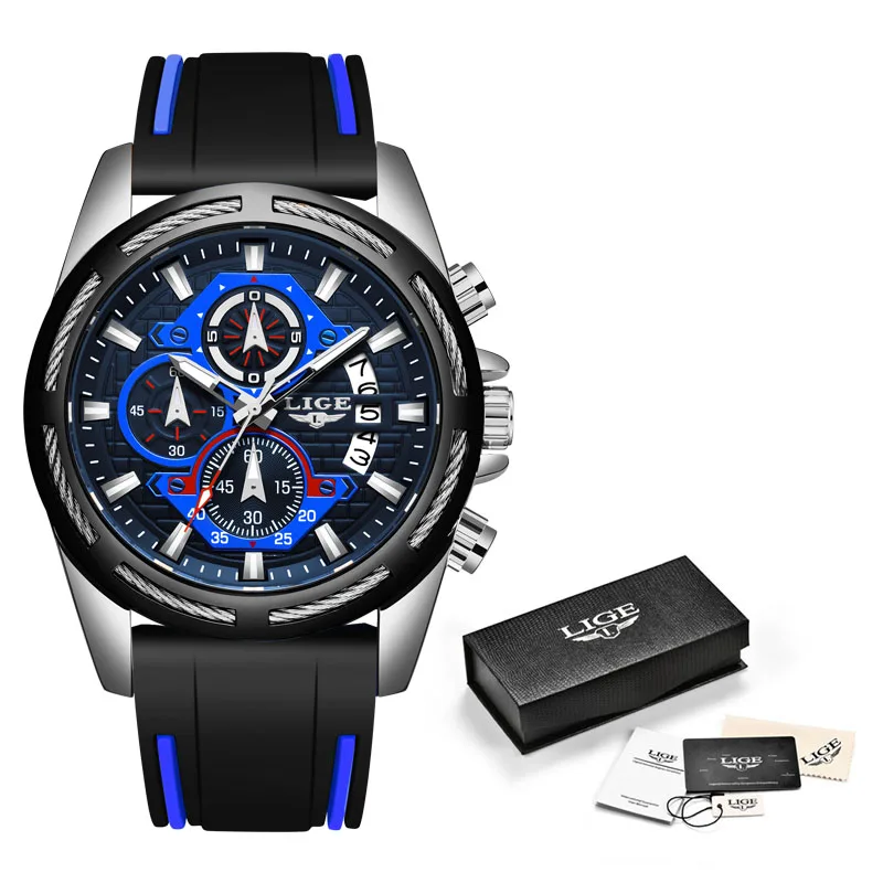 Silver blue Мужские часы, новинка, LIGE, мужские часы, Топ бренд, Роскошные, мужские спортивные часы, мужские кварцевые часы с датой, водонепроницаемые, Хронограф+ коробка - Цвет: Silver blue