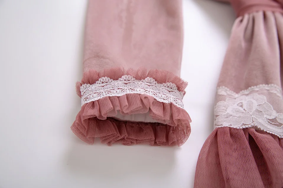 Pettigirl Pink Girl Dresses Handmade Flower Tulle Velvet Long Sleeve Wedding dresses Kids Baby Clothing With Hair Accessories | Детская