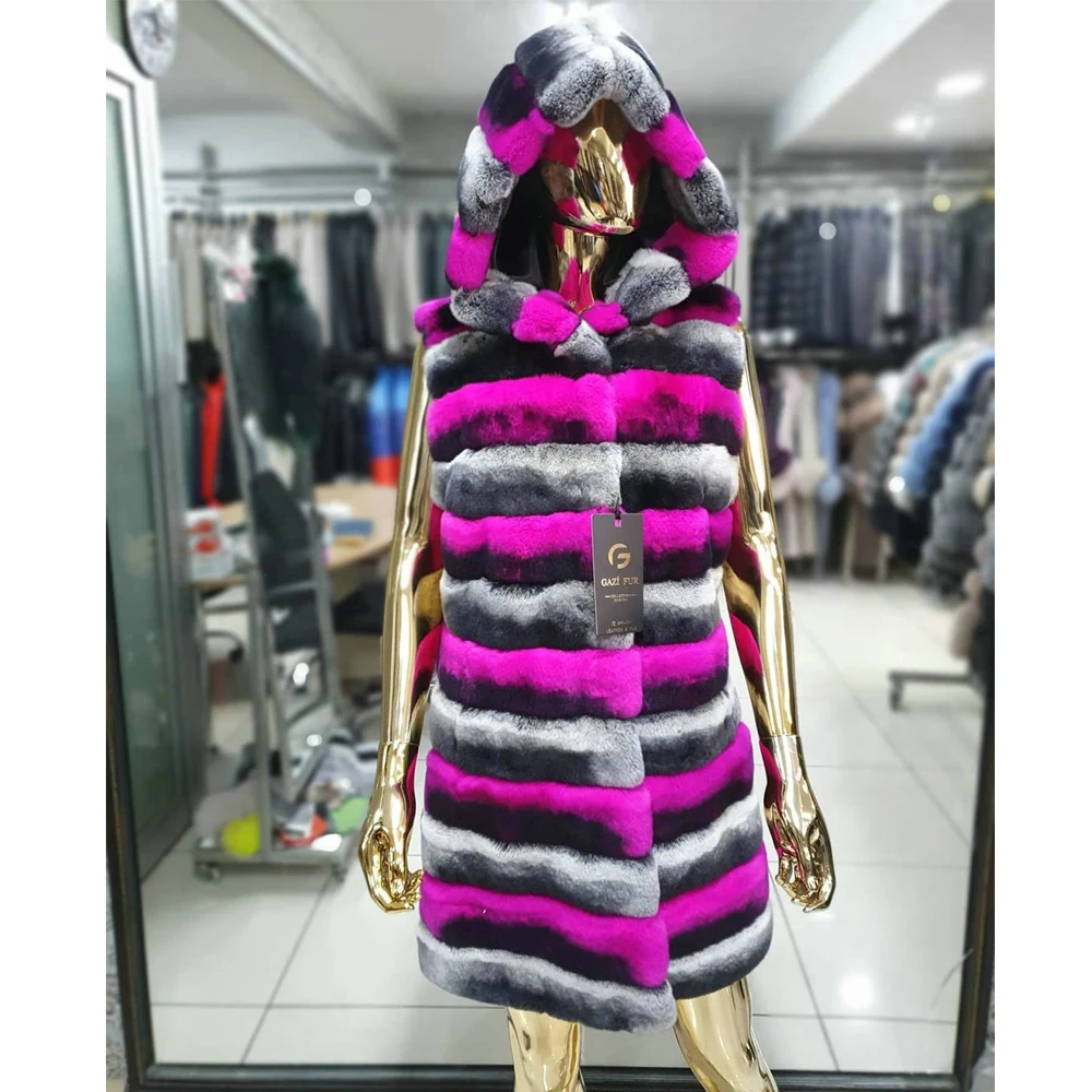 

Fashion Women Real Rex Rabbit Fur Vest with Hood Thick Warm Fur Overcoat Luxury Color Patchwork Rex Rabbit Fur Gilets Mid-length