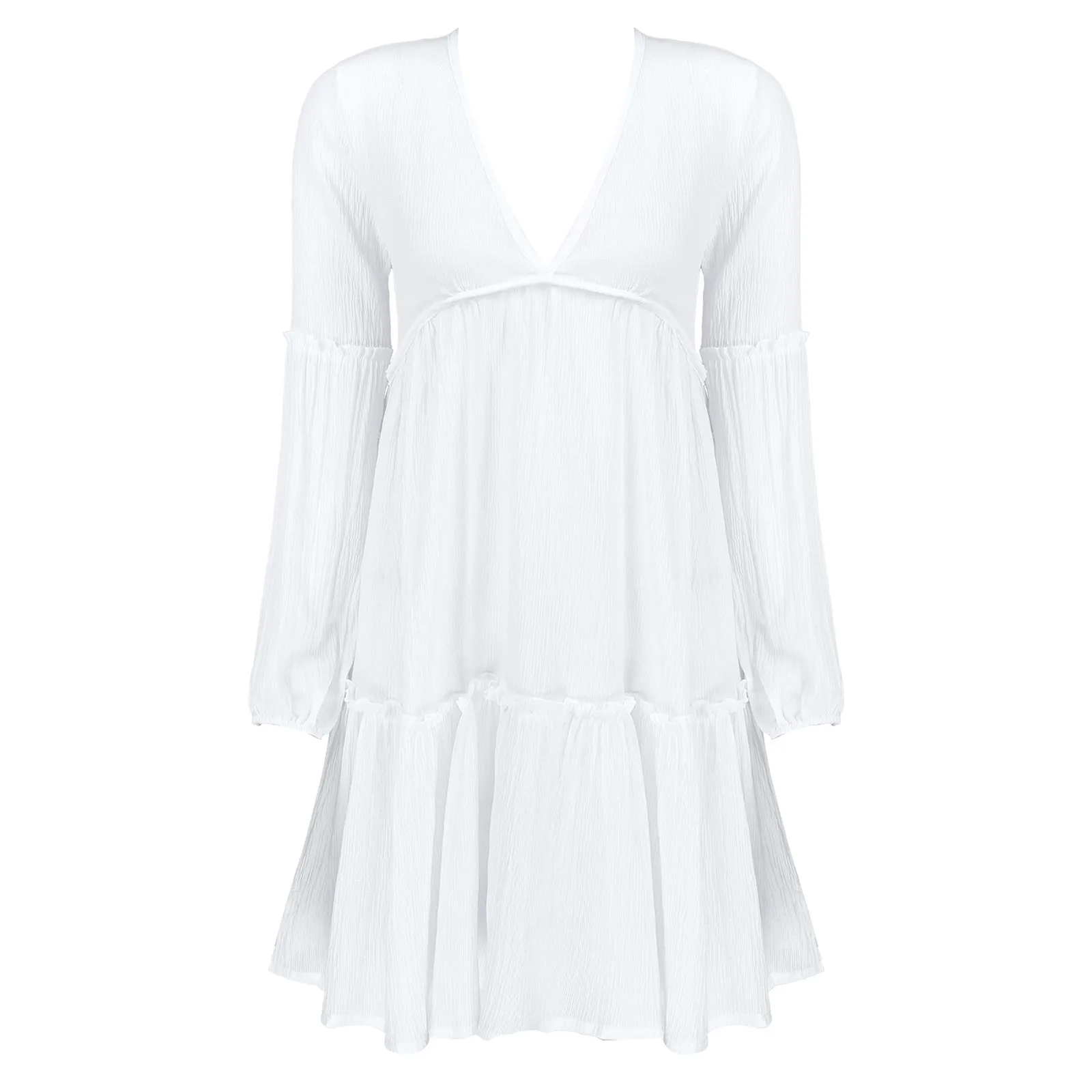 

Women's Spring Autumn Casual Loose White Dress Sexy Long Lantern Sleeve Deep V Neck V Open Back Ruffle Pleated Dresses Beachwear