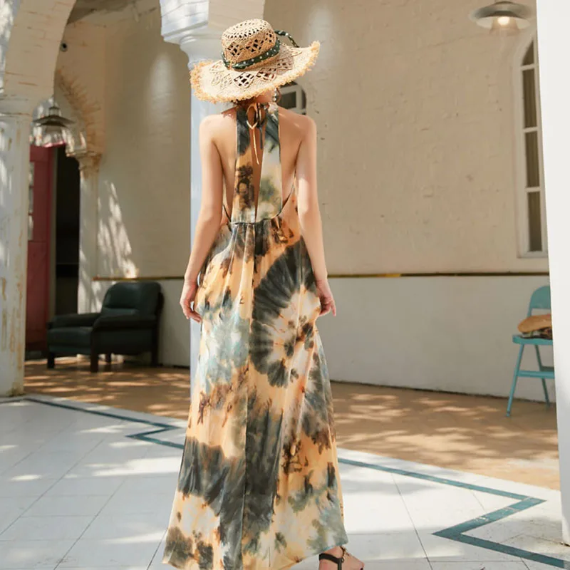 Tie-dye Halter Backless Boho Dress Women Thailand Vacation Beach Sexy Ethnic Style Elegant Satin Long Maxi Vestidos S-L | Женская одежда