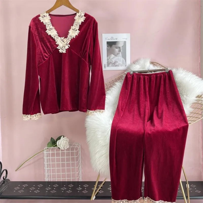 

Sexy V-neck Pajamas Set Women Velour 2PCS Sleepwear Lace Trim Shirt&Pants Velvet Pijamas Suit Femme Pijamas Suit Home Clothes