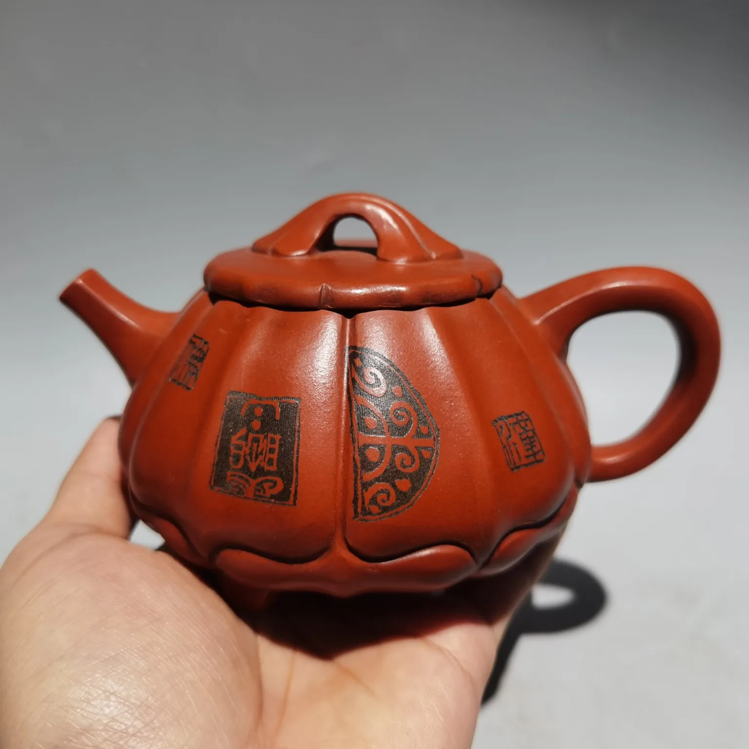 

6"Chinese Yixing Zisha Pottery Hand-Carved Polygonal stone scoop Pumpkin shape kettle Raw ore red mud Teapot Pot Tea Maker