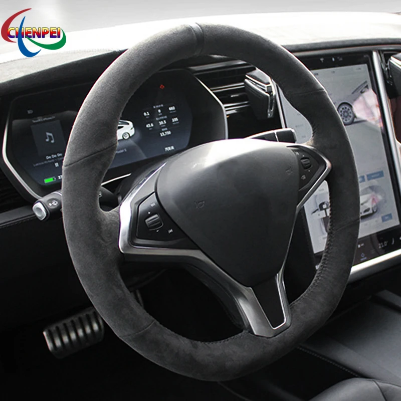 

DIY Hand-stitched Anti-Slip Black Suede Car Steering Wheel Cover For Tesla model S model X Car Interior Decoration